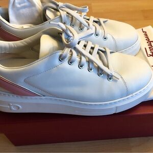 Salvatore Ferragamo White Leather Sneakers with Gold Details